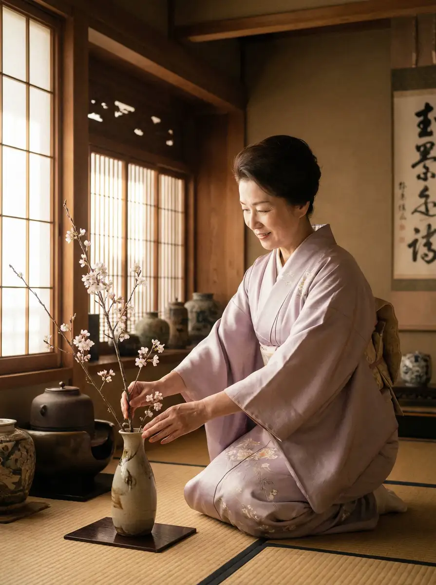 一位优雅的 桃花直播免费观看 在和室中插花