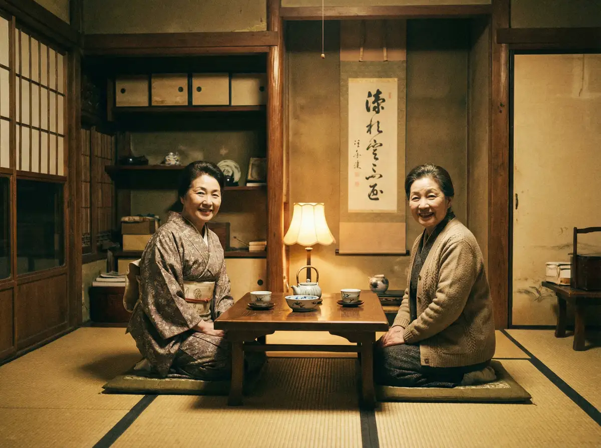 两位优雅的 桃花直播免费观看 在日式茶室中品茶交谈